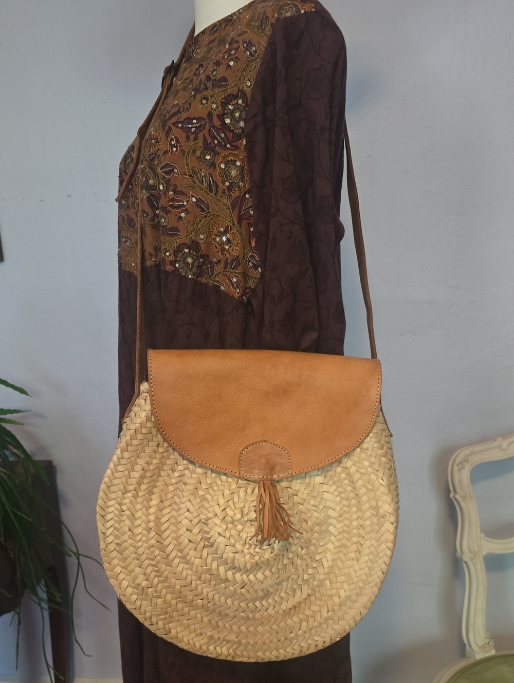 Woven Straw Circle Crossbody Bag with Tan Leather Flap